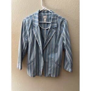 Chicos Blue White Striped Open Front Blazer Cotton Stretch 2 Petite
 L A948